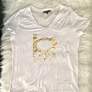 Bebe Sport Women's White Rayon Gold Logo Short Sleeve T-shirt! Sz M!